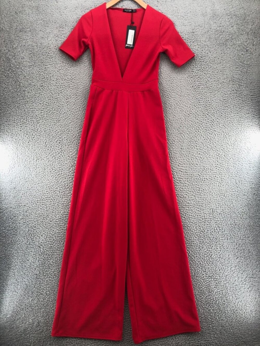 Nasty Gal Jumpsuit Womens 2 Red Plunging V Neck Wide Leg High Rise Stretch NWT - Picture 1 of 13